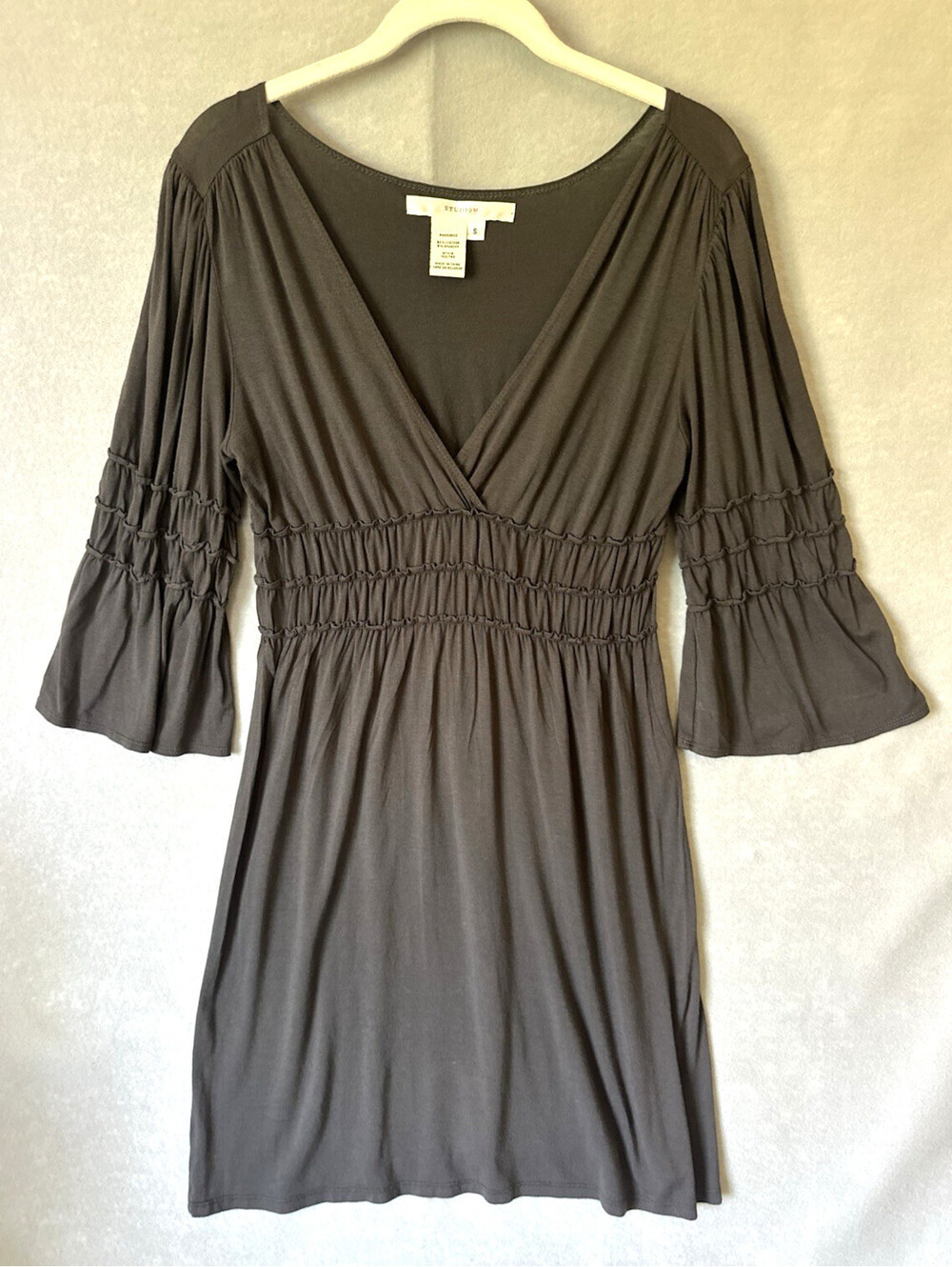 Womens Dress, StudioM, Size S, Dark Grey, Knee length, ruching waist and sleeves